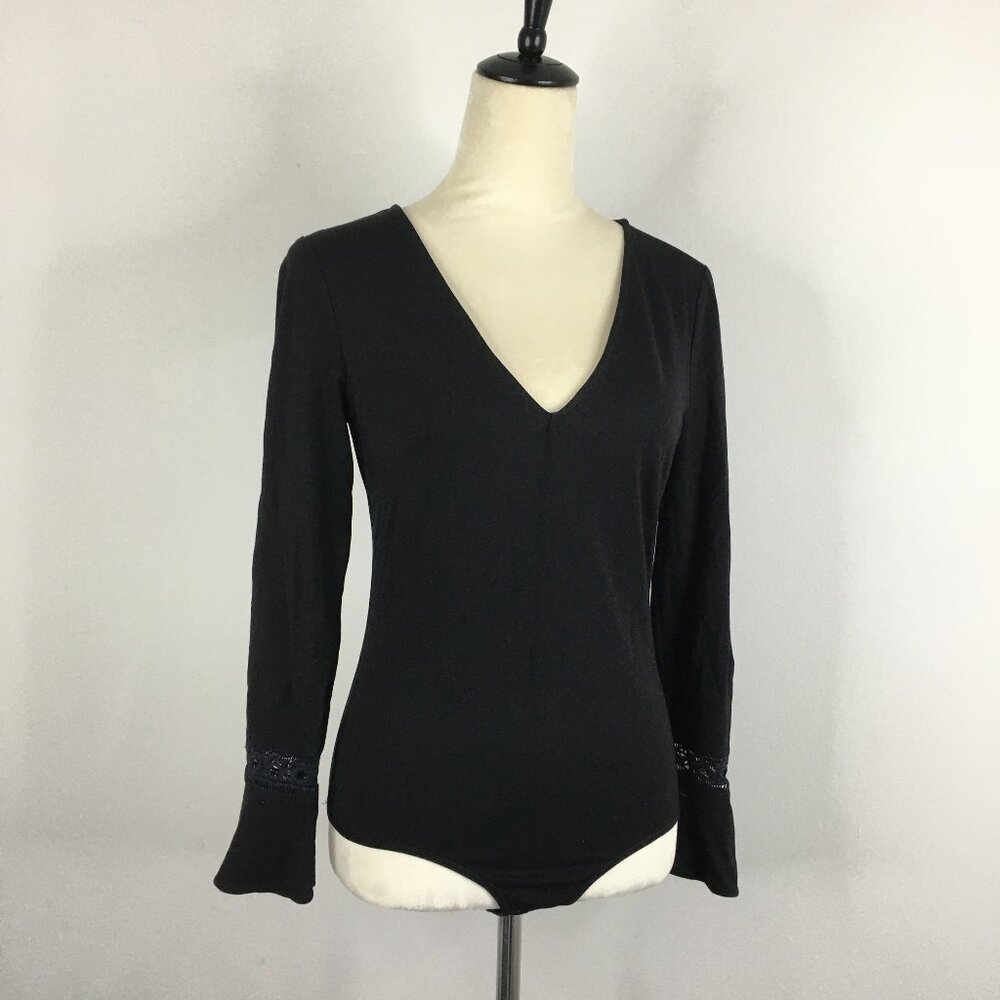 BEBE Black Perforated Lace Inserts Sleeve V Neck Stretch One Piece Bodysuit